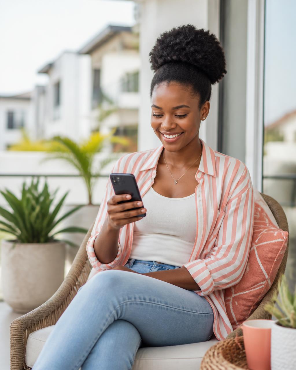 Young woman on a suburban porch checking her silabi wallet