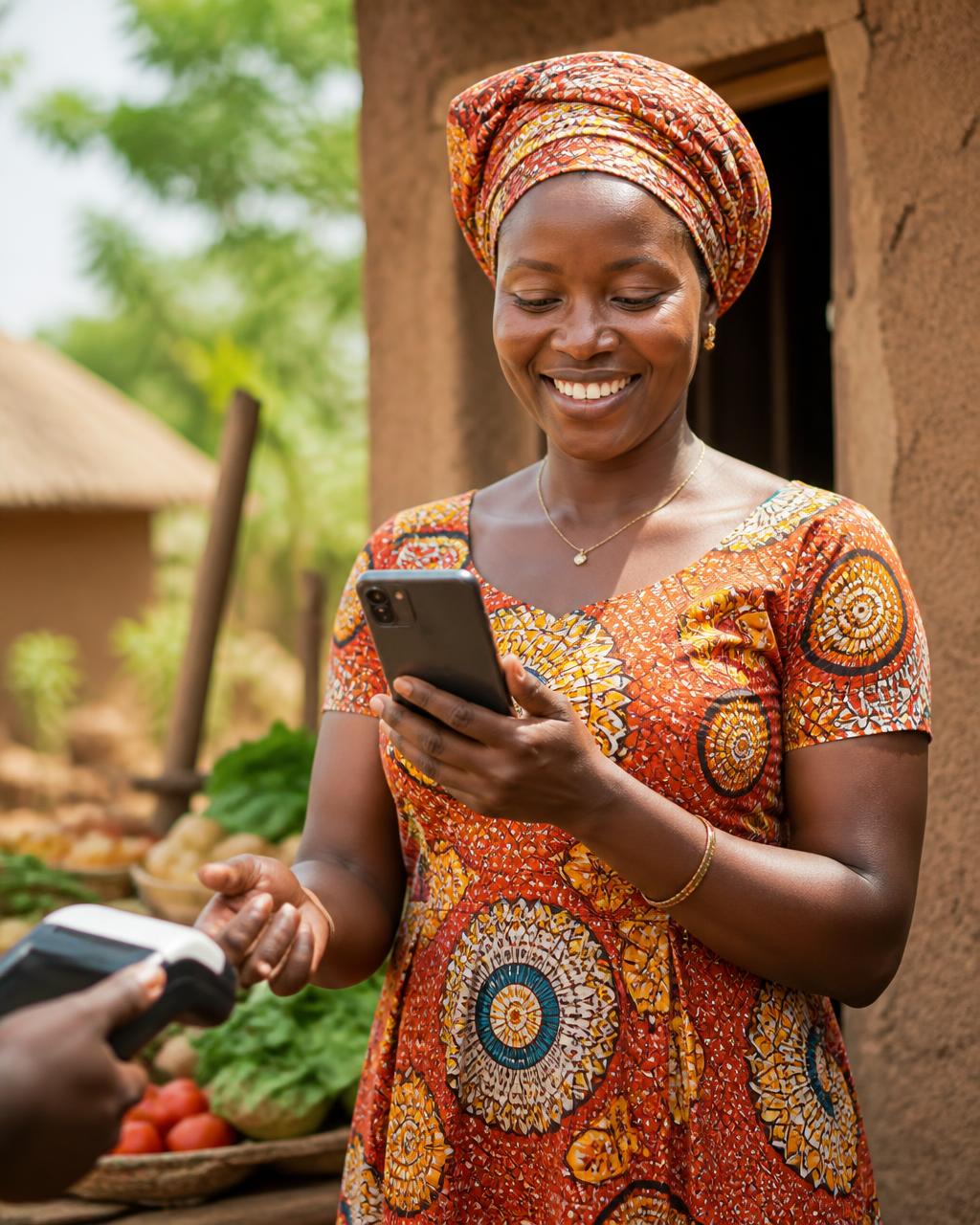 Woman in a rural East African village paying with the silabi app on her phone